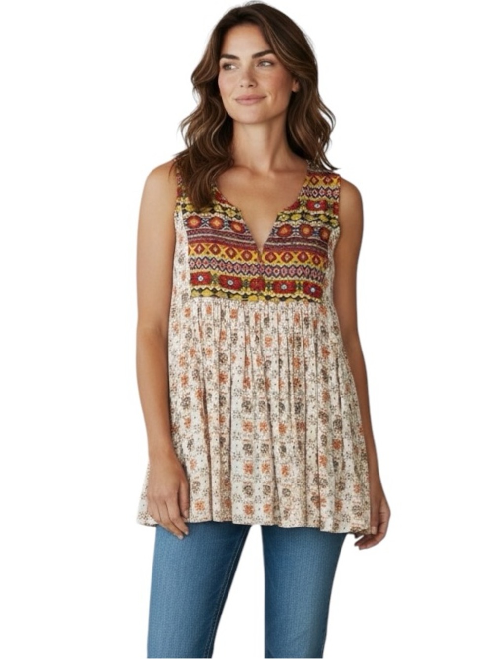 Umgee Multicolor Duel Pattern Yoke Cream Floral Tunic Sz. M V-Neck